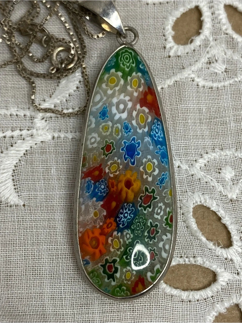 Millefiori Made In Italy Floral Glass Teardrop Pendant Sterling Silver Box Chain